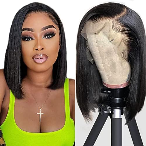 hersmile Straight Bob Wigs Human Hair Wigs For Black Women 13x4 Straight Lace Front Wigs Human Hair Lace Front Wigs Pre Plucked HD Lace Frontal Wigs 180% Density Short Bob Wigs Natural Color 10 inch