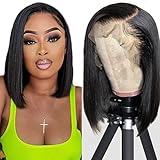 hersmile Straight Bob Wigs Human Hair Wigs For Black Women 13x4 Straight Lace Front Wigs Human Hair Lace Front Wigs Pre Plucked HD Lace Frontal Wigs 180% Density Short Bob Wigs Natural Color 10 inch