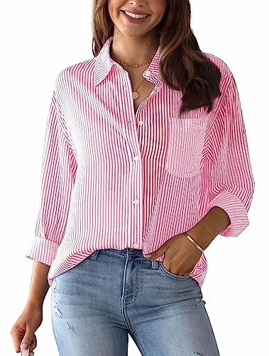 AIEOE Blusas de Mujer Elegantes Camisa Rayas Mujer con Cuello V Camisas Informal Manga Larga y Botones Blusa para Oficina L Rosa