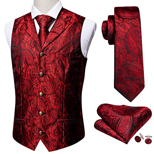 Image of Barry.Wang Mens Paisley V-neck Suit Vest Formal /Leisure Red Black Silk Jacquard Waistcoat Tie Set 5PCS