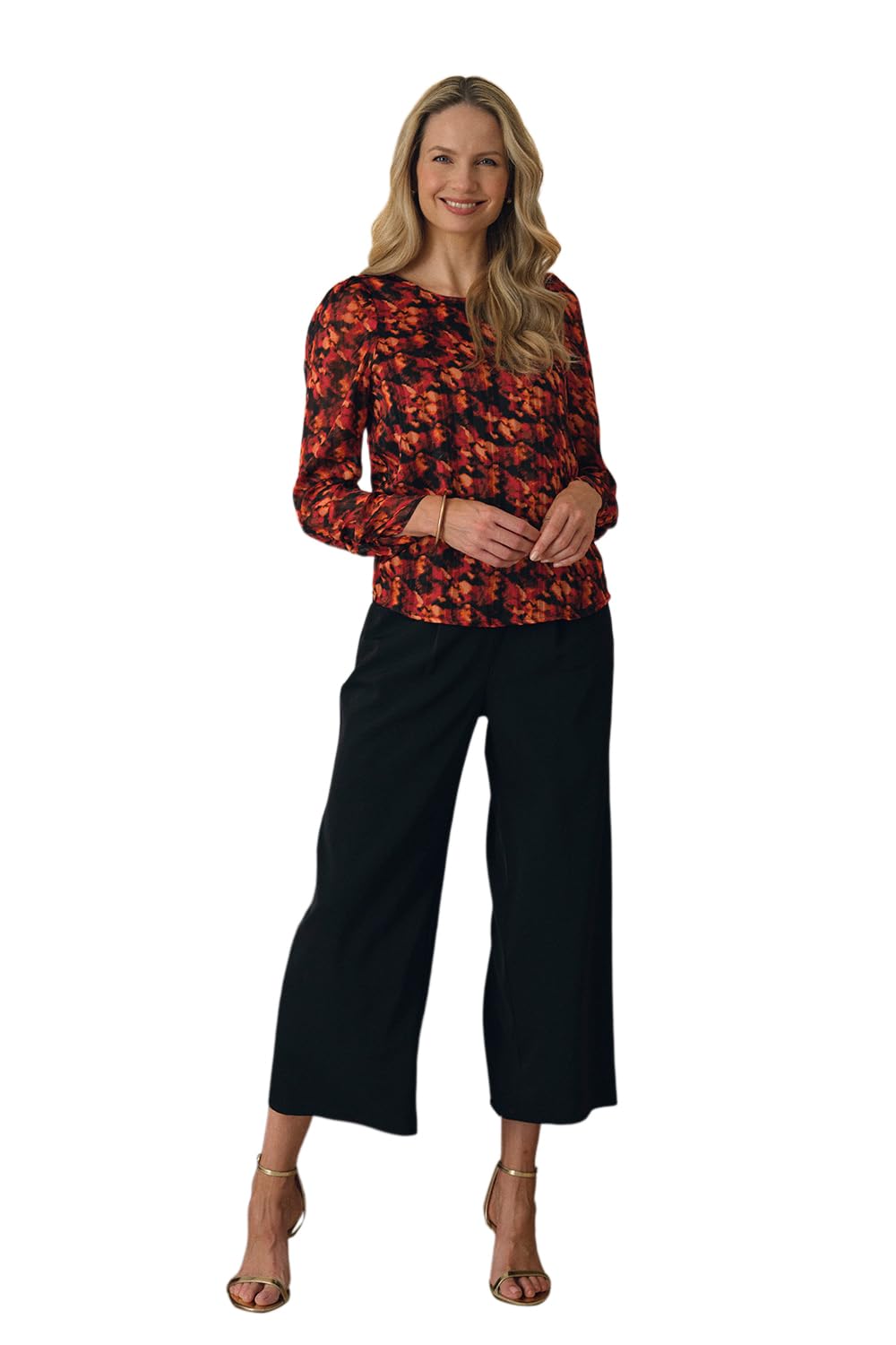 Izabel London Women's Burnt Orange Printed Semi Sheer Long Sleeve Blouse In | : Size 14