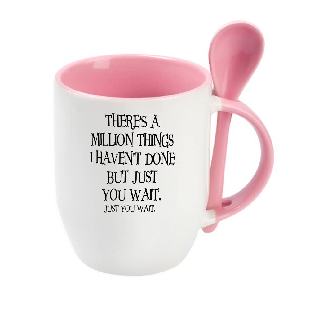 Giftme There's a Million Things i haven't Done But Just You Wait Hamilton Musical Birthday Secret Santa Coffee Tea Mug Unique Spoon Ceramic Mug. (Pink Spoon)