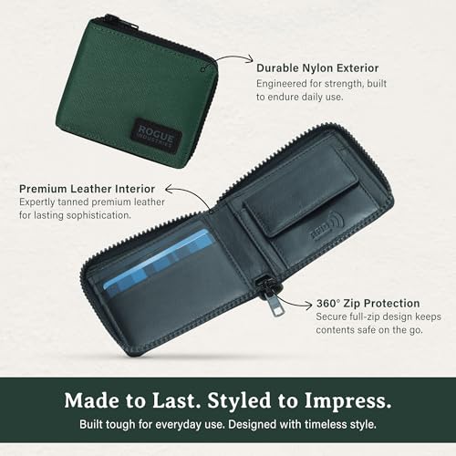 Image of ROGUE WALLET Interior Genuine Leather Wallets for Men - RFID Blocking Robust Outer Nylon Wallets - Full Cash Slot and Expandable Coin Pouch - Gift for Men (Green)