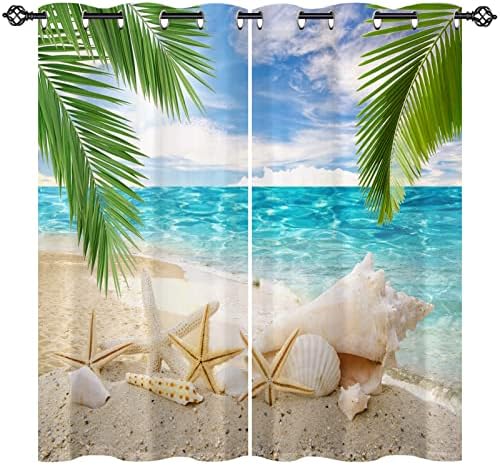 ANHOPE Beach Curtains Grommet Light Filtering Curtains with Tropical Ocean Coastal Palm Tree Seashell Starfish Print Pattern Decorative Window Drapes for Bedroom Living Room 2 Panels 42 x 63 Inch