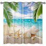 ANHOPE Beach Curtains Grommet Light Filtering Curtains with Tropical Ocean Coastal Palm Tree Seashel