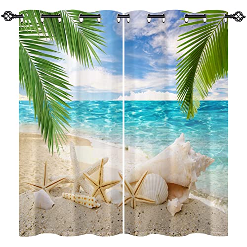 Anhope Beach Curtains Grommet Light Filtering Curtains With Tropical Ocean Coastal Palm Tree Seashell Starfish Print Pattern Decorative Window Drapes For Bedroom Living Room 2 Panels 42 X 63 Inch #TOP5