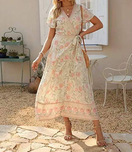 Image of R.Vivimos Women's Summer Short Sleeve Floral Print Bohemian Beach Waist Tie Wrap Long Flowy Dress with Slit