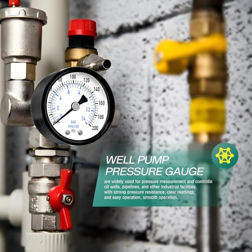 Image of 0-200PSI Well Pump Pressure Gauge 1 /4 inch NPT 2 inch Face Dial Size, Multifunctional Practical Dry Pressure Gauge, Back Mount, for Water, Oil and Air Compressor