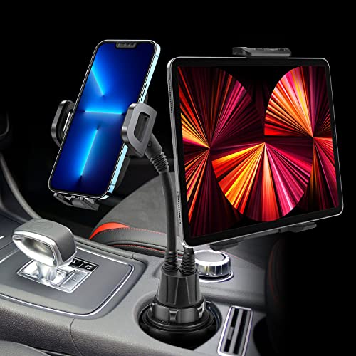 Phone Holder Mount For Car Cup Holder Slot – Flexible Gooseneck Mount With Dual Cradle Phone Holder And Tablet Holder - Hands Free Universal Fit All Black Color Adjustable Stand - Two Cradles #TOP7