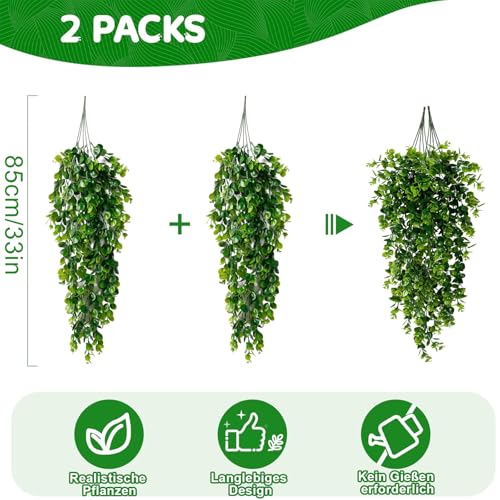 BEJAGWUS 2 Stück Künstliche Hängepflanzen Künstliche Pflanzen Wie Echt,Kunstpflanze Fake Efeu Eukalyptus Aesthetic Deko für Indoor Outdoor Balkon Schlafzimmer Badezimmer Terrassen Büro Wohnung (Grün)