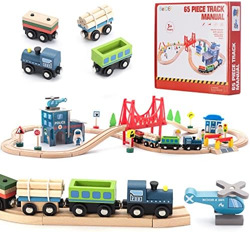 BetDEF Wooden Train Set 65PCS, Toy Train Sets with All-Wood Double Sided Train Tracks for Boys & Girls Fits Thomas, Brio, Melissa and Doug...(65PC)