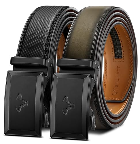 Image of BULLIANT Men Ratchet Belt 2 Pack, Click Sliding Leather Belt Adjustable for Gift Men Dress Casual Jeans 1 3 /8,Cut for Fit