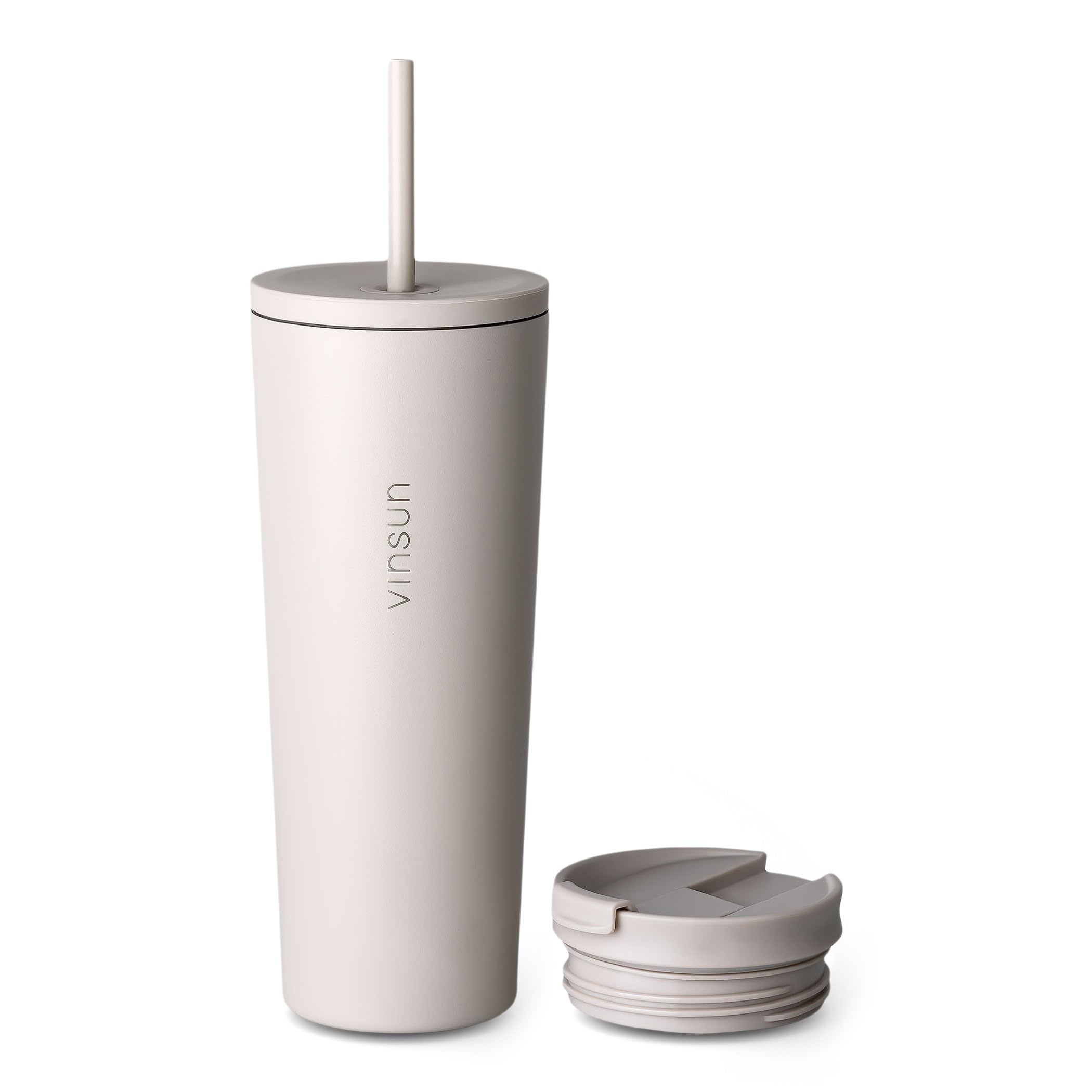 Vinsun Thermal Mug with Straw, 720 ml, Leak-Proof, Stainless Steel, Double-Walled Insulated, Hot and Cold Drinks, Beige Coffee Mug with Two Lids for Car, Office