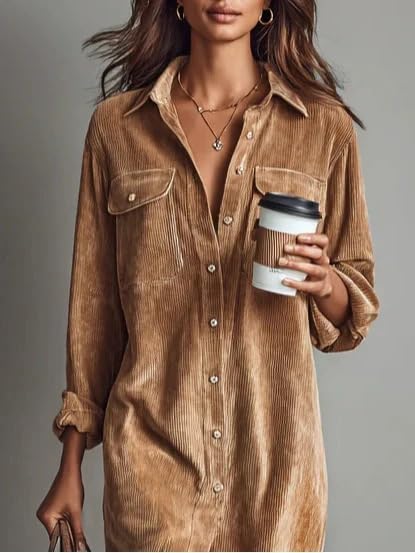 Womens Corduroy Button Down Shirt Dress Lapel Long Sleeve Solid Color Casual Loose Midi Fall Spring Dresses - Image 3