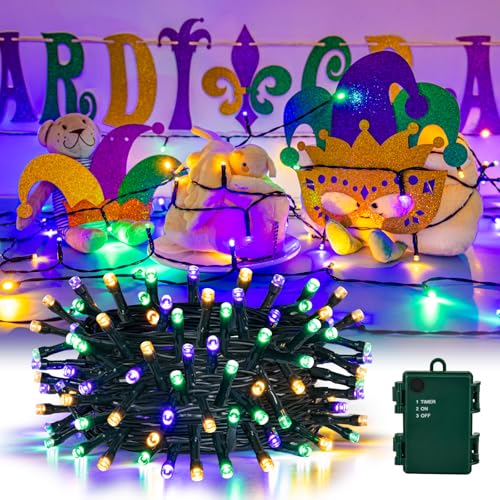 cshare Purple Green and Yellow Lights Battery Operated Mardi Gras Lights with Timer Waterproof 16.4ft 50 LED Indoor Outdoor Mardi Gras Decorations Garland Party Patio Garden Yard