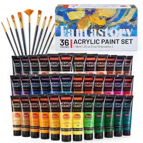 Image of Fantastory 36ml 36 Colors Acrylic Paint Set with 10 Brushes | Excellent Coverage, High Light Fastness, Waterproof, Includes Extra White & Gold, for Canvas, Wood, Ceramics, Models