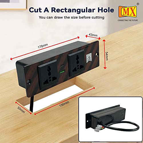 Image of MX Premium Power Console 16 Amp 6 Universal Sockets with 2 USB Charging Port Extension Board - with Removable Desk Clamp Power Strip Master Switch (Desktop Socket - 2AC + USB-A /C + CAT6 (Wood))