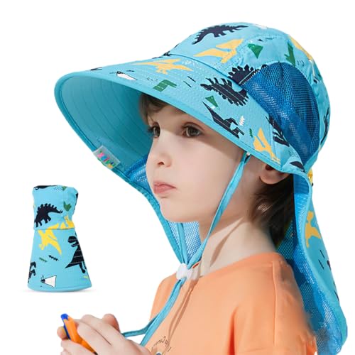 Image of SNOWIE SOFT Wide Brim Sun Hat for Kids Girls with Neck Flap Shawl, UPF 50+ Adjustable Chin Strap Sun Protection Hat for Girls 2-10 Years Old, Summer Breathable Sun Visor Hat Windproof Beach Hat