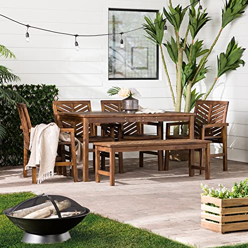 Walker Edison 7 Person Outdoor Wood Chevron Patio Furniture Dining Set Table Chairs Bench All Weather Backyard Conversation Garden Poolside Balcony, 6 Piece, Dark Brown #TOP11