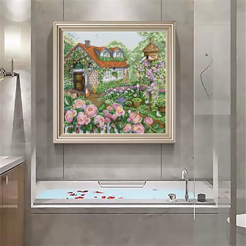 Image of JOYSEWING Garden Bungalow Stamped Kits Cross Stitch Kits Beginners Embroidery 11CT Needlepoint Kits Counted Patterns Embroidery DIY Home Decoration- (The Rose Cottage (Printed)) 18.9x18.9 inch