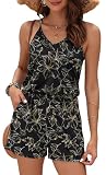 MISFAY Womens Summer Loose V Neck Spaghetti Strap Short Jumpsuit Rompers(Black Gold Leaf,L)