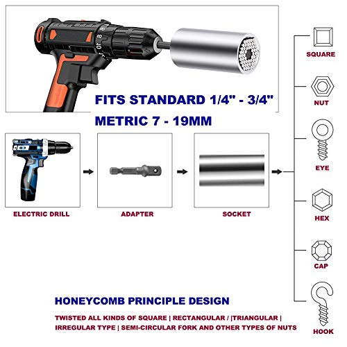 CIGOTU Universal Socket, 7mm-19mm Multifunctional Cordless Ratchet Adapter Socket Wrench Set, Impact Grade Driver Sockets Adapter Extension Set, Screwdriver Set Hex Bit + 105 Degree Right Angle Drill
