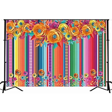 7x5ft Photography Background Mexican Fiesta Theme Stripes Backdrop Cinco De Mayo Mexican Festival Colorful Flowers Fiesta Party Banner Decoration Photo Booth Supplies Backdrops W-1911 Cover