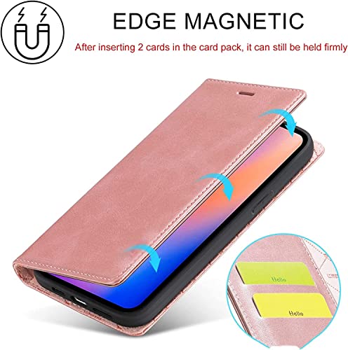 Étui rabat cuir iPhone 13 Mini rose avec béquille magnétique