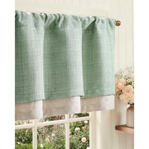 jinchan Faux Linen Valance Kitchen Curtain Light Filter Double Layer 18in