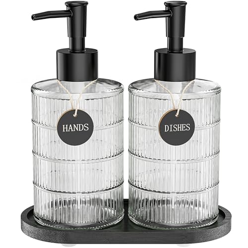 MASADI Soap Dispenser Set with Bamboo Tray Dish and Hand Soap Lotion Dispenser Set with Wooden Pump for Kitchen and Bathroom Decor for Counter Modern Vintage Liquid Soap Dispensers (Clear&Black)