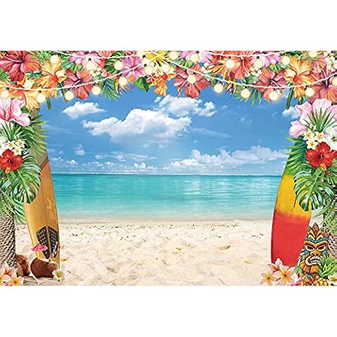 LIVUCEE 7x5ft Summer Hawaiian Beach Backdrop for Photography Tropical Flower Luau Hawaiian Party Decorations Aloha Blue Sky Ocean Palm Leaves Background Supplies Photoshoot Cover