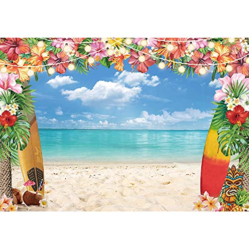 LIVUCEE 7x5ft Summer Hawaiian Beach Backdrop for Photography Tropical Flower Luau Hawaiian Party Decorations Aloha Blue Sky Ocean Palm Leaves Background Supplies Photoshoot