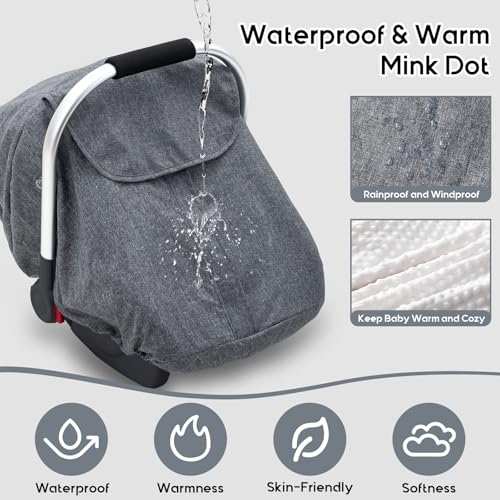 Baby Car Seat Cover for Doona, Waterproof Carseat Cover with Plush Dots Lining, Warm & Snug Infant Car Seat Canopy with Privacy Shield & 2 Vents, Baby Carrier Cover Weather Shield for Boys Girls — view 2