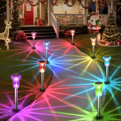Image of Eyrosa Solar Outdoor Lights, 10 Pack Solar Pathway Lights Outdoor Waterproof, Stainless Steel Stake Lights for Garden Yard Path Walkway Driveway Patio Lawn Decor,Color Changing