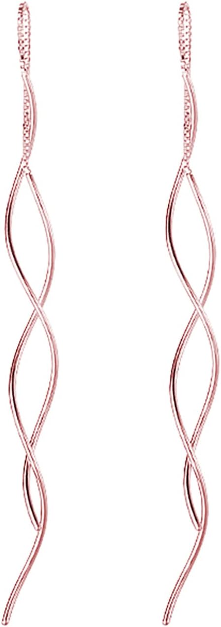 Reffeer Solid 925 Sterling Silver Double Linear Curved Tassel Earrings Threader Drop Dangle Earrings for Women Teens