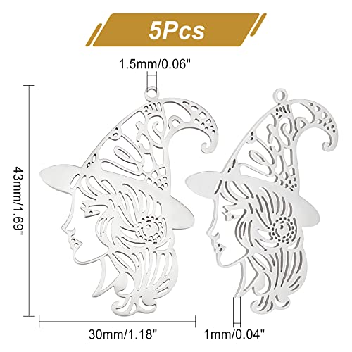 DICOSMETIC 5pcs Witch Pendants Stainless Steel Filigree Charms Witch with Magic Hat Pendants Witch Silhouette Halloween Jewellry Charms for Jewelry Making Hole: 1.5mm - Image 2