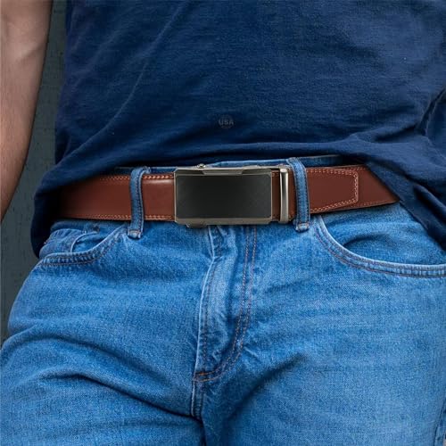 Image of Men's Ratchet Leather Belt Set - 2 Pack Sliding Belt Adjustable For Gift Mens Dress Casual 1 3 /8 inch,Cut for Fit