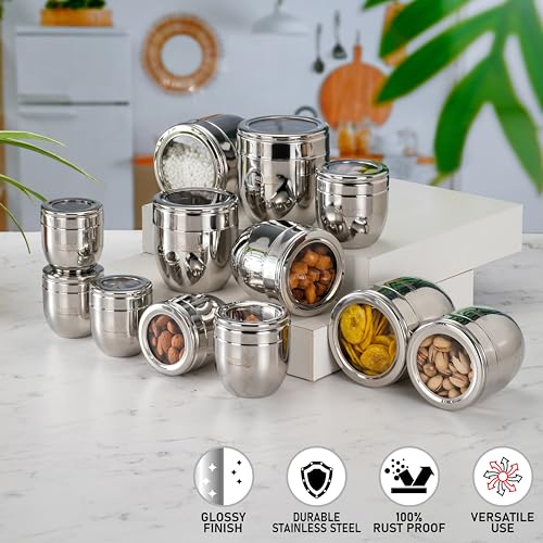 Image of Sumeet Stainless Steel Conical Shape Canisters /Dabba /Storage Containers for Kitchen with See Through Lid, Set of 12 Pcs, (150ml-6cm Dia-3Pc, 250ml-7cm Dia-3Pc, 400ml-8.5cm -3Pc, 500ml-9cm 3Pc)- Silver