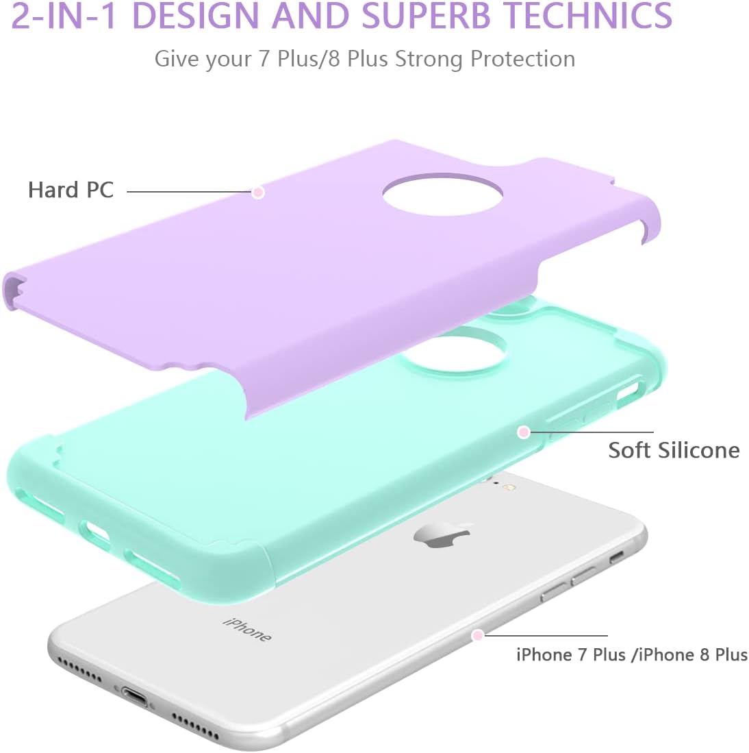 Fingic iPhone 8 Plus Case, iPhone 7 Plus Case 2 in 1 Full Body Rugged Shockproof Protection Hybrid Hard PC Soft Silicone Bumper Protective Girls Women Boy Cover for iPhone 7 Plus/8 Plus, Purple/Mint