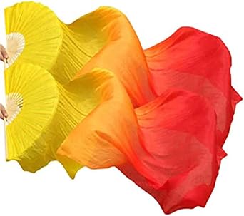 TMZAQH Women 1 Pair Left+Right Silk Belly Dance Fans Veil Long Folding Fans Length 180 cm * 90 cm Yellow Orange Red