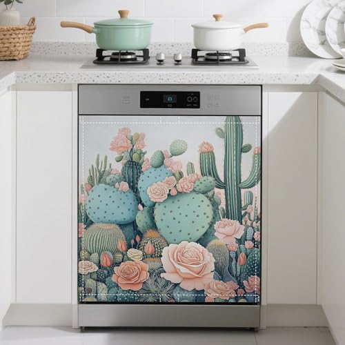 Image of Blooming Cactuses Dishwasher Magnets Decorative Cover,Tropical Magnet Fridge Panel Decal for Home Kitchen Decor,23x26 in