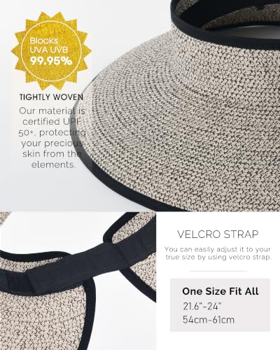 Image of FURTALK Womens Sun Hat with Ponytail Hole Wide Brim Beach Straw Visor | Foldable & Packable for Beach Vacations, Adjustable Fit for Messy Buns, Detachable Windproof Strap, Sweat-Wicking Inner Band
