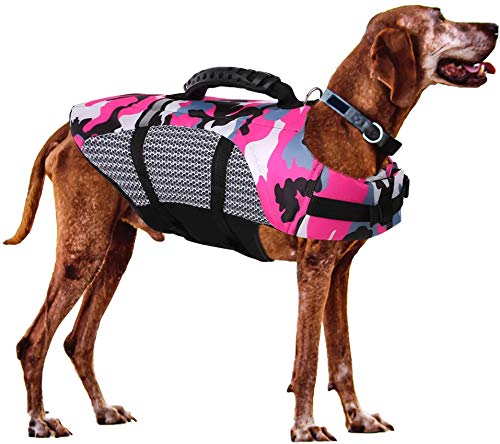 FR&RF Gilet de sauvetage réglable pour chien, gilet de sauvetage pour chien avec poignée de sauvetage pour la natation, le surf, le bateau, la chasse, rose, XXL