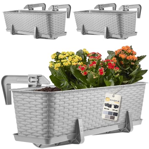KADAX Lot de 3 jardinières 60 cm en Plastique avec Supports de Fixation – Bacs à Fleurs rectangulaires pour Balcon, Pots résistants pour Plantes et Herbes aromatiques (Gris Clair)