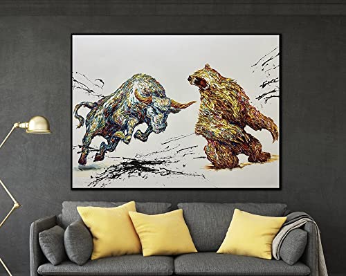 Original Bull And Bear Oil Painting Abstract Animal Battle Creative Impasto Wall Art For Living Room | Constant Battle (30"X40" | 76X102 Cm, Stretched) #TOP1