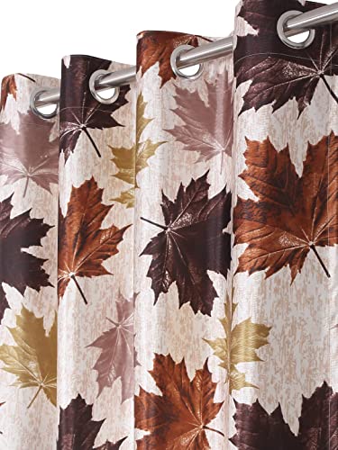 Image of HUTI 5 Feet Brown Window Curtain Set of 2 | Semi Transparent Leaf Printed Curtain | Light Filtering Polyester | Eyelet Curtains for Living Room & Bedroom 4x5 ft (120 x 150 cm) | Perfect for Home Decor