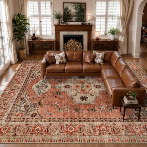 Image of Tangsoo Boho 10x14 Area Rug for Living Room, Washable Vintage Rug Indoor Non Slip Large Area Rugs, Print Oriental Carpet Soft Low Pile Foldable Floor Room Rug for Bedroom Dining Room Terracotta