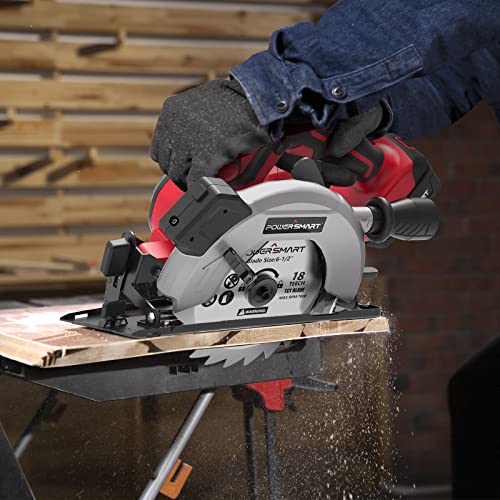 Powersmart 20V 6-1/2 Inch Cordless Circular Saw With 4.0Ah Battery And Fast Charger, 4300 Rpm, Laser & Parallel Guide, 2 Blades #TOP2