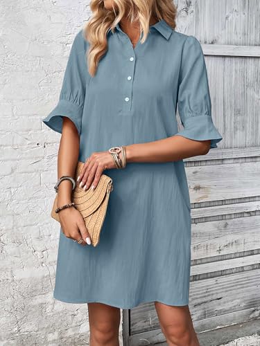 Image of FENSACE Womens Casual Shirt Dress Ruffle Sleeve Button Down Shift Summer Dresses with Pockets