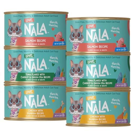 LOVE NALA Natural Flaked Wet Cat Food Variety Pack Salmon Tuna with Carrot & Pea Chicken with Pumpkin Grain Free Non-GMO High Protein Omega-3 Added Vitamins & Minerals 12 Pack (2.4 lb)